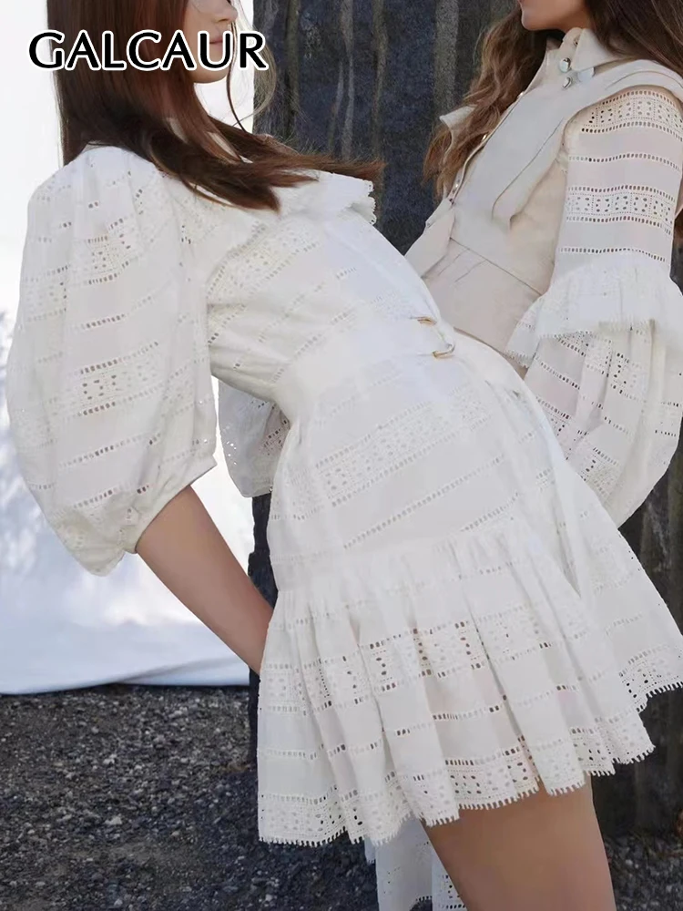 

GALCAUR Casual Black Ruffle Trim Dress For Women Stand Collar Loose Long Sleeve Cut Out Plain Mini Dresses Female 2022 Clothing