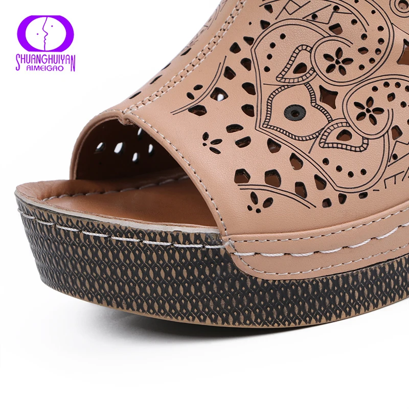 

AIMEIGAO Fashion Casual Platform Heels Sandals Women Soft Leather Comfortable Slippers Open Toe Wedges Heel Summer Ladies Shoes