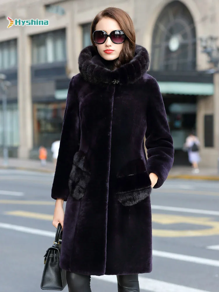 

New Mink Fur Hooded Fur Coat Sheep Fur One Piece Coat Women's Middle Long