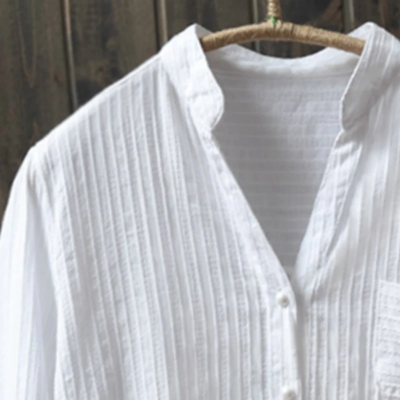 Женская хлопковая рубашка с длинным рукавом Повседневная белая блузка V образным