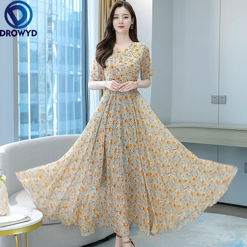 

2021 Summer New High Quality Plus Size S-4XL Stand Collar Flower Printed Long Sleeve Women Chiffon Long Dresses Party Vestidos