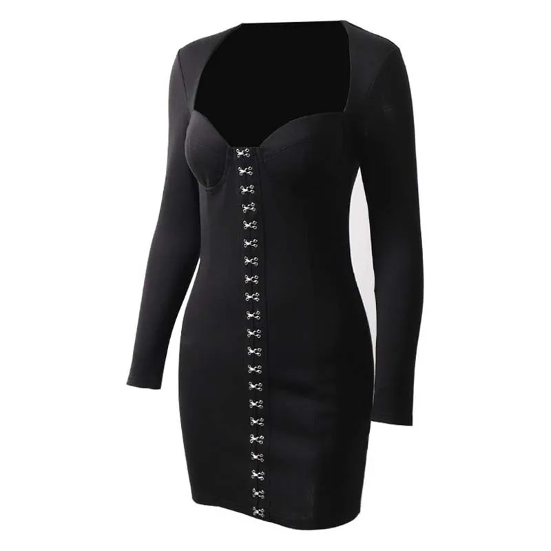

Autumn Women Short Dress Retro Shoulders Wrapped V Neck Bodycon Pencil Dress Ladies Sexy Eye-hook Rivet Long Sleeve Party Dress