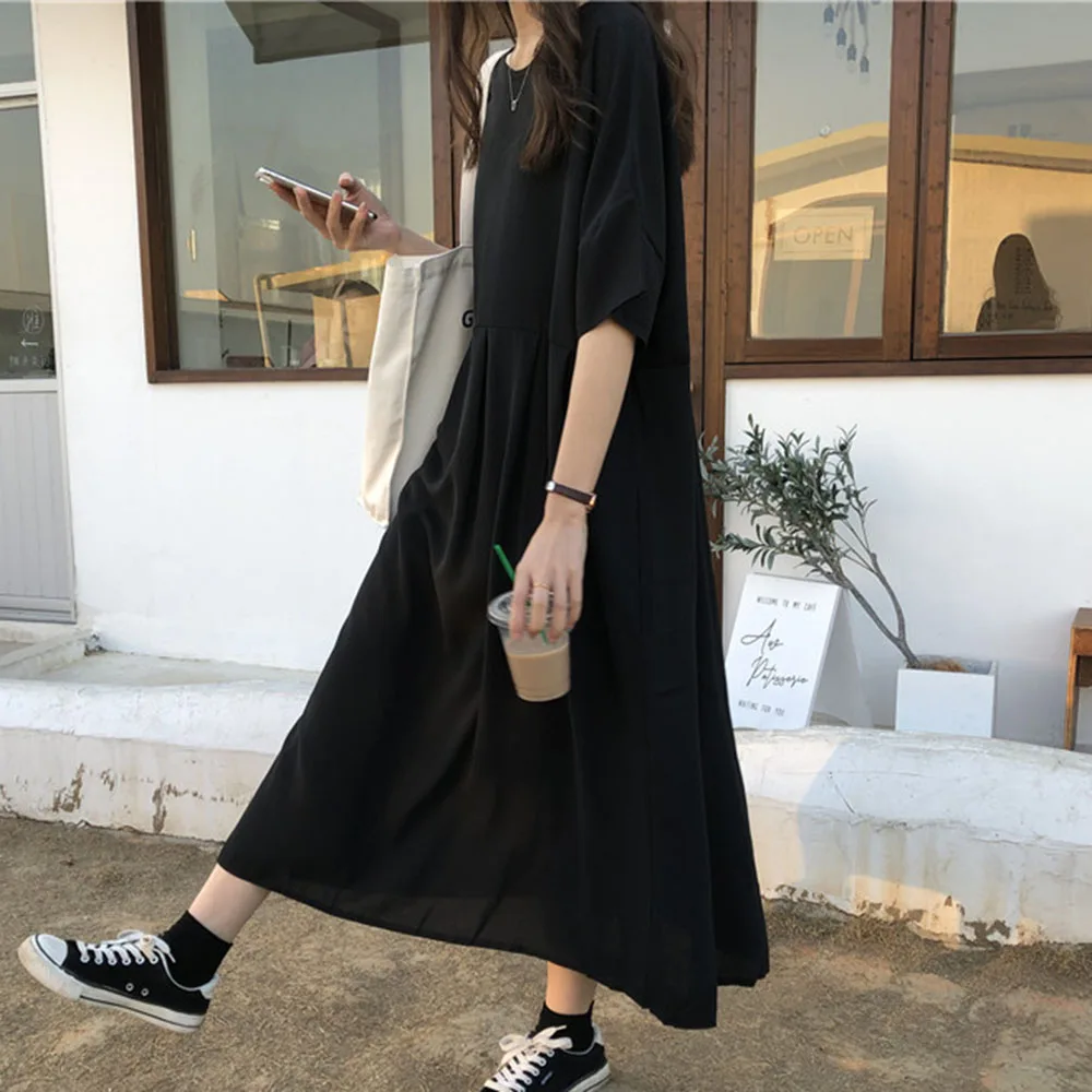 

Black Loose Long Dress Women Korean Fashion New 2021 Casual T-shirt Women's Dresses Short Sleeve Maxi Summer Dress