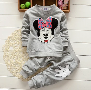 ST009-Gray Комплекты одежды для маленьких девочек новые весенние хлопковые комплекты одежды с Минни Маус для девочек детская одежда с длинными рукавами и вышивкой для детей возрастом от 1 года до 3 лет - Цвет: ST009-Gray