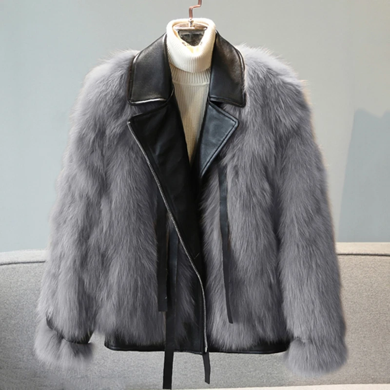 

SeeBeautiful Fur Stitching PU Loose Jacket Coat Lapel Long Sleeve Zipper Ribbon New Fashion Spring 2021 Women M601
