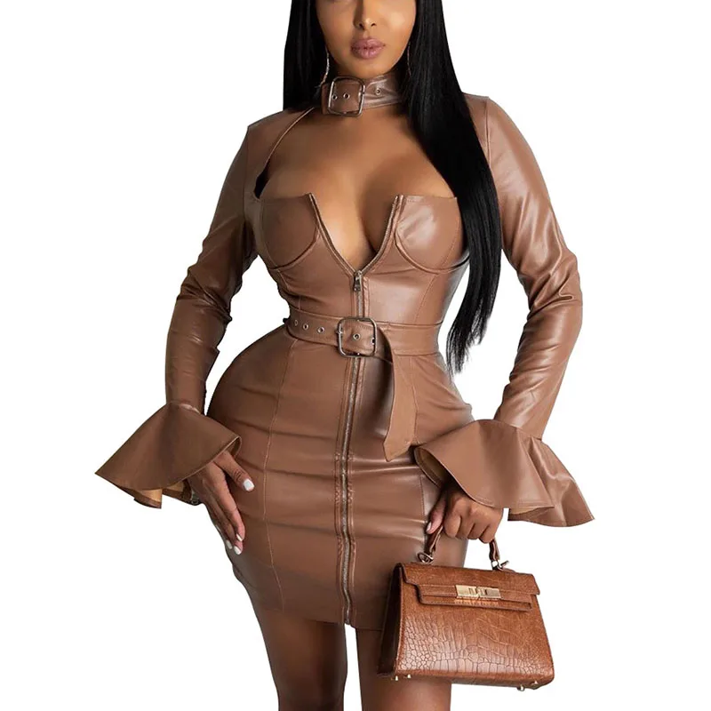 Женское облегающее платье из искусственной кожи с длинным рукавом для ночного