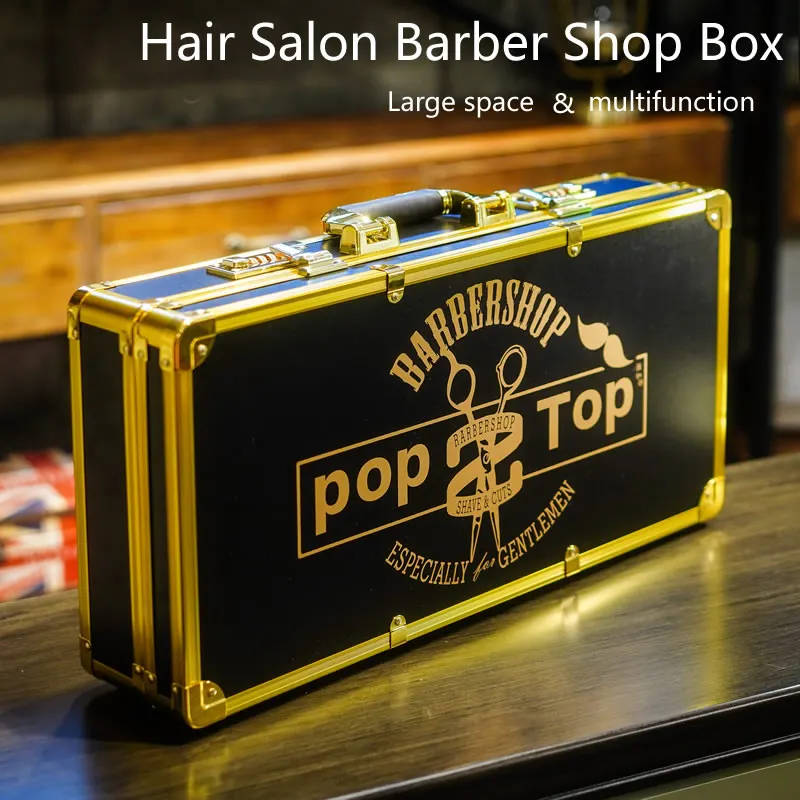 Парикмахерская коробка черного и золотого цвета с алюминиевой рамкой замком