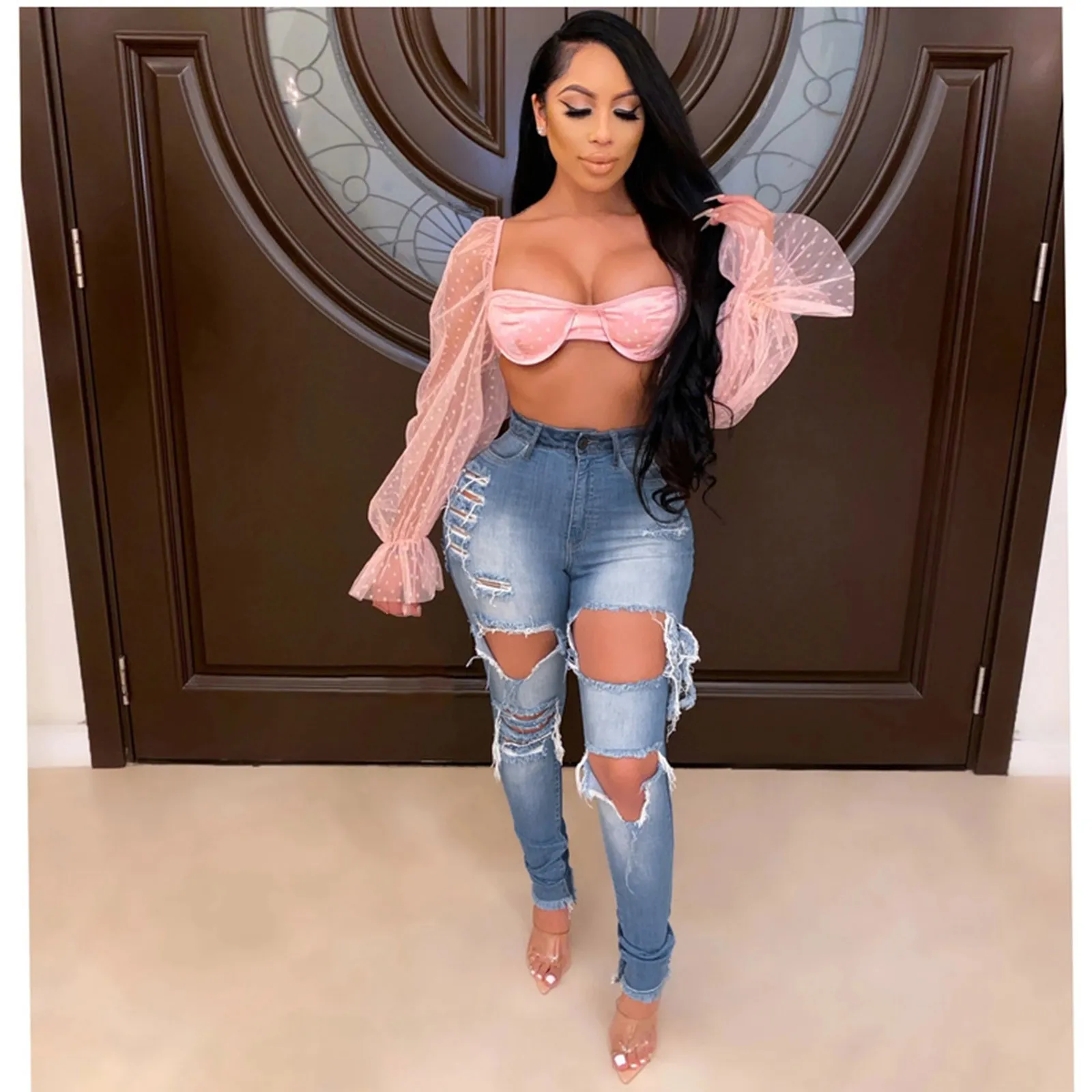 

Women Jeans Knee Hole Distressed Mid Waist Belt Stretch Slim Pants Length Solid Color Vintage Jeans Broken Denim Pants 2021