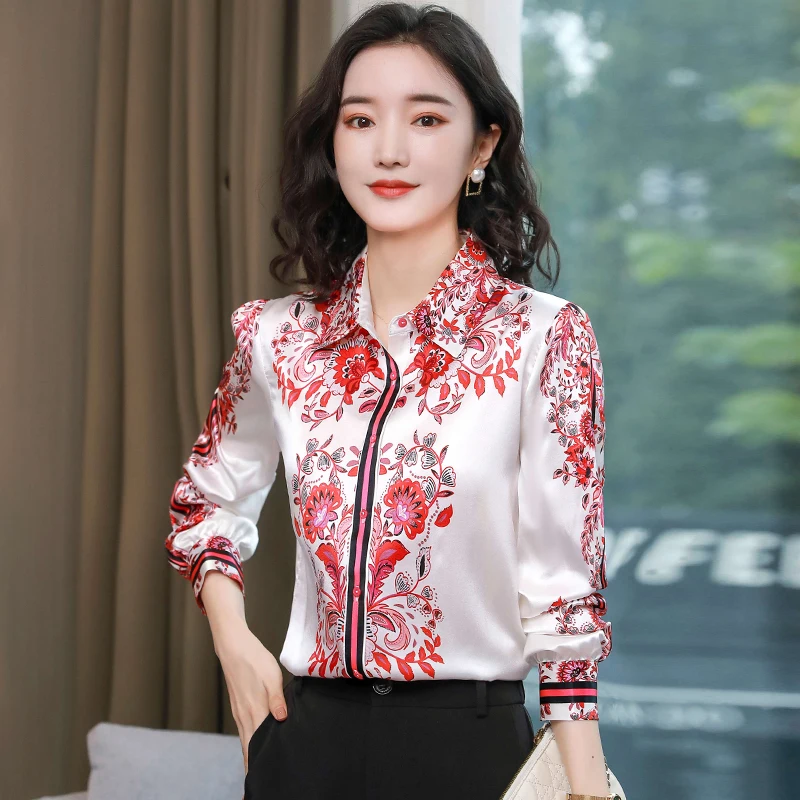 Korean Fashion Silk Women Blouses Office Lady Shirts Satin Long Sleeve Womens Tops and Blouses Loose Blusas Largas