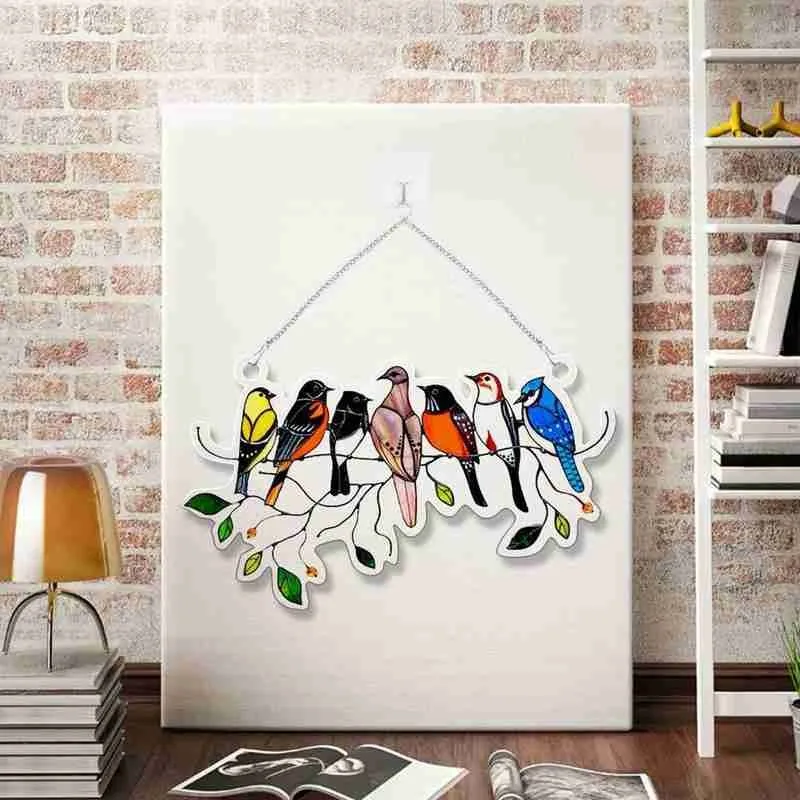 

Multicolor Birds On Wire Decor High Stained Glass Window Handwork Panel Bird Ornaments For Home Decoration Series Pendant M5U9