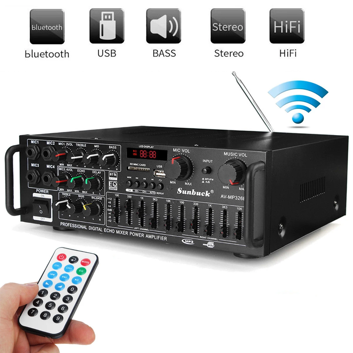 2000 Вт 5 0 bluetooth 2 канальный аудио Мощность Hi Fi усилитель 326BT 12V/220V AV Динамик с пультом