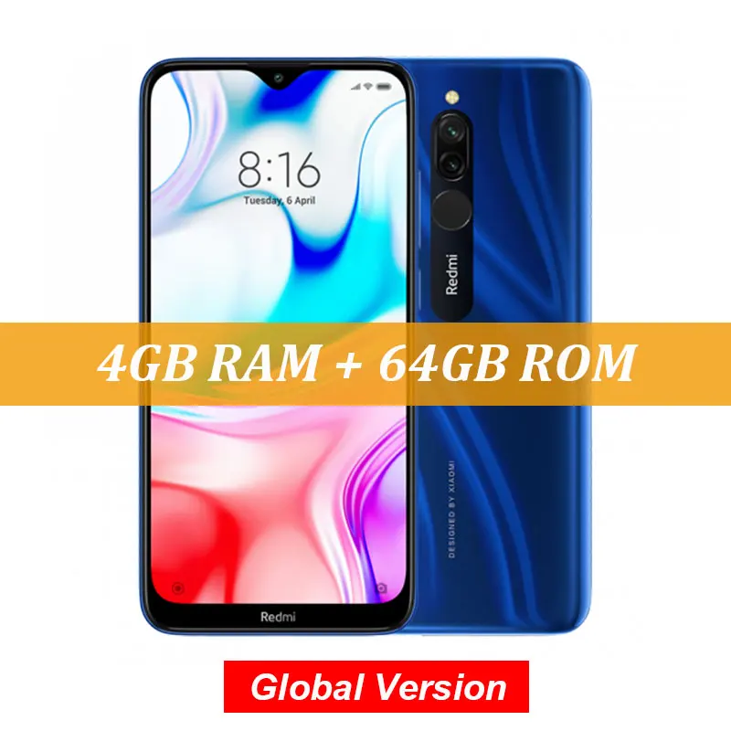 Blue Глобальная версия, Xiaomi Redmi 8, 4 ГБ, 64 ГБ, Восьмиядерный процессор Snapdragon 439, двойная камера 12 Мп, мобильный телефон, 5000 мАч, большая батарея OTA - Цвет: Blue