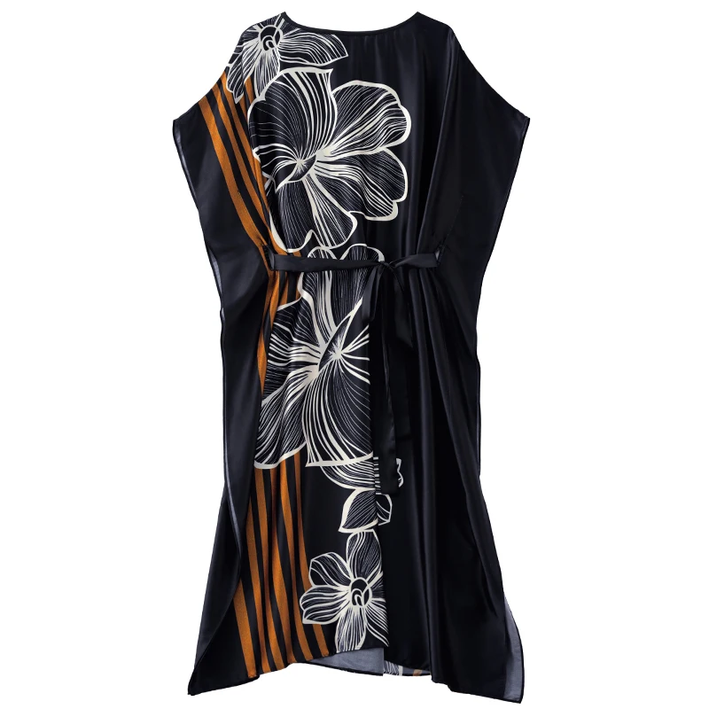 

COIGARSAM 4XL Plus Size Vintage Print Women dress New Summer Loose Dresses Black 6823