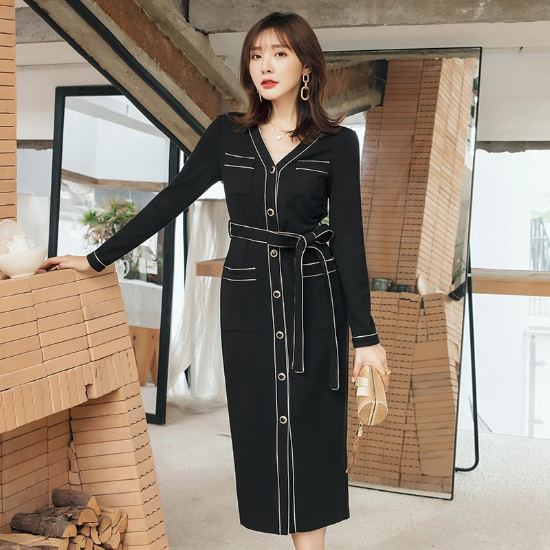 YIGELILA высококачественное черное платье с v-образным вырезом однобортное длинными