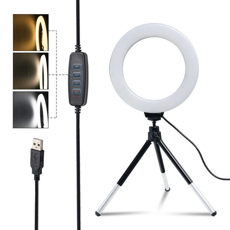

6-дюймовый кольцевой светильник со штативом и Usb-зарядкой, Led лампа для селфи с регулируемой яркостью светильник для фотосъемки в фотостудии