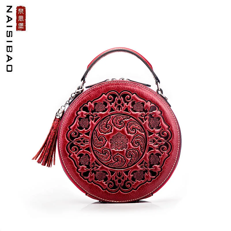 

Women Genuine Leather bag 2020 new leather small round bag Chinese style leather handbag Vintage Shoulder Bag