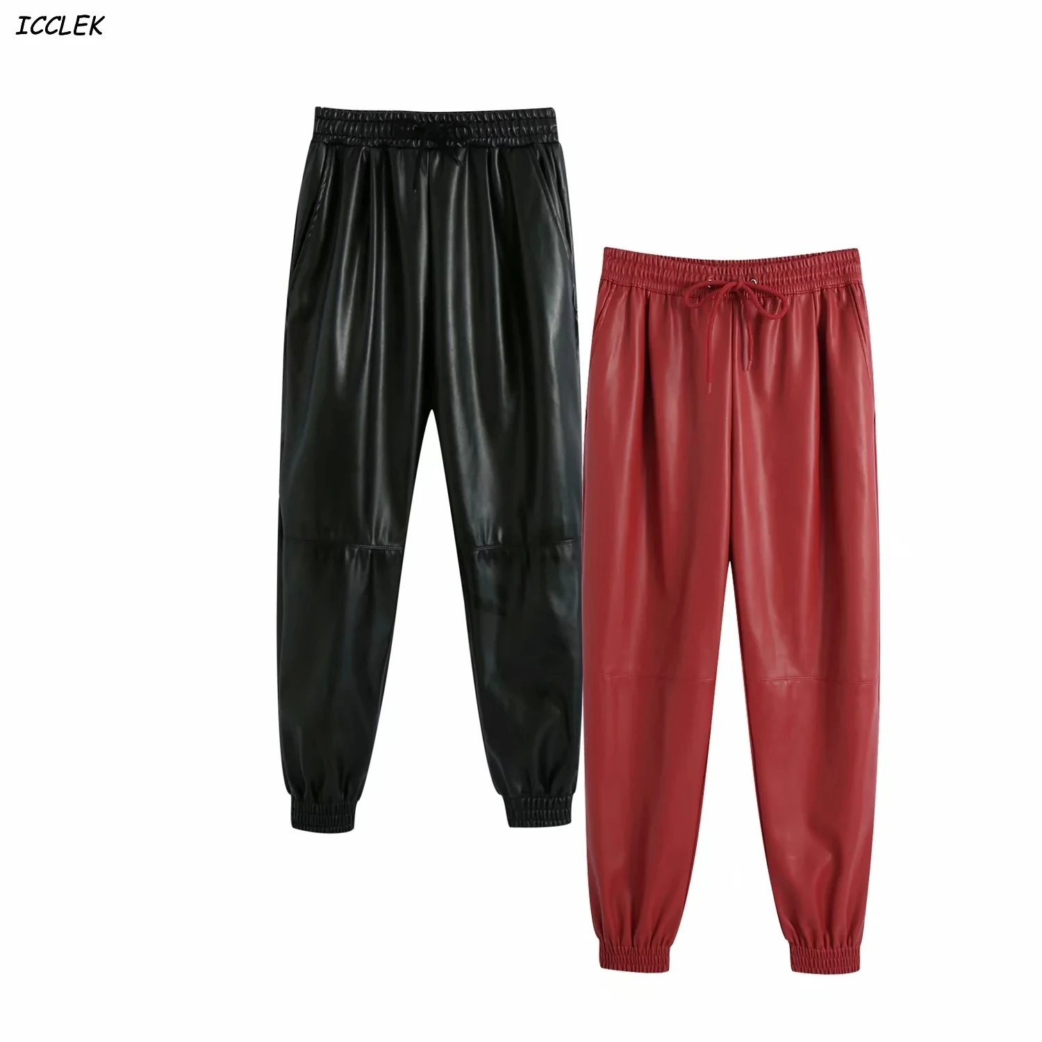

Women's Pants PU Leather Mujer Harem Pant Autumn Femme Trousers Black High Waist Pants Faux Leather Red Drawstring 2020 Clothing