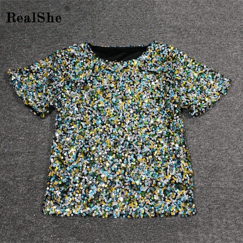 RealShe Tshirt Women O-Neck Short Sleeve Sequins T Shirt Women Summer Casual Elegant T-shirt Femme Fashion Women's T-shirts