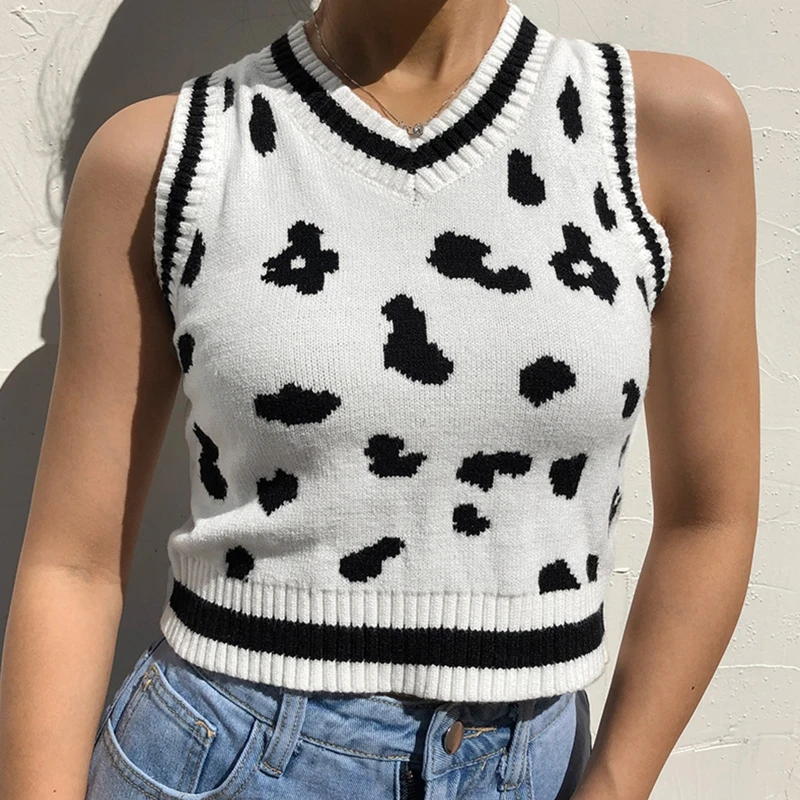 

Женский трикотажный жилет с принтом молочной коровы и животных, укороченный свитер без рукавов в стиле ретро, приталенный пуловер в стиле п...