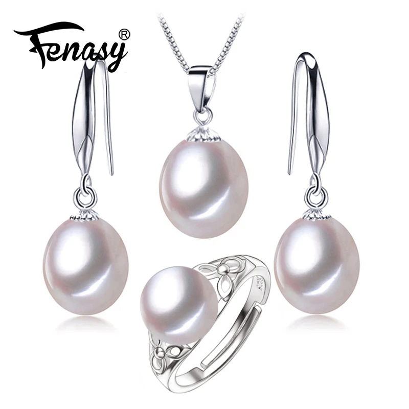 

FENASY Natural Freshwater Pearl Jewelry Sets Pearl Pendant Necklace 925 Sterling Silver Drop Earrings For Women Cute Party Ring