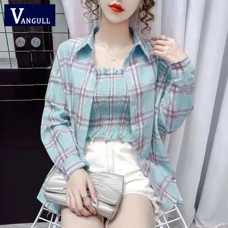 

Vangull, Клетчатая блузка, камзол, комплект из двух предметов, Женская 2021, с отворотом, с длинным рукавом, Повседневная рубашка, Женский одноборт...
