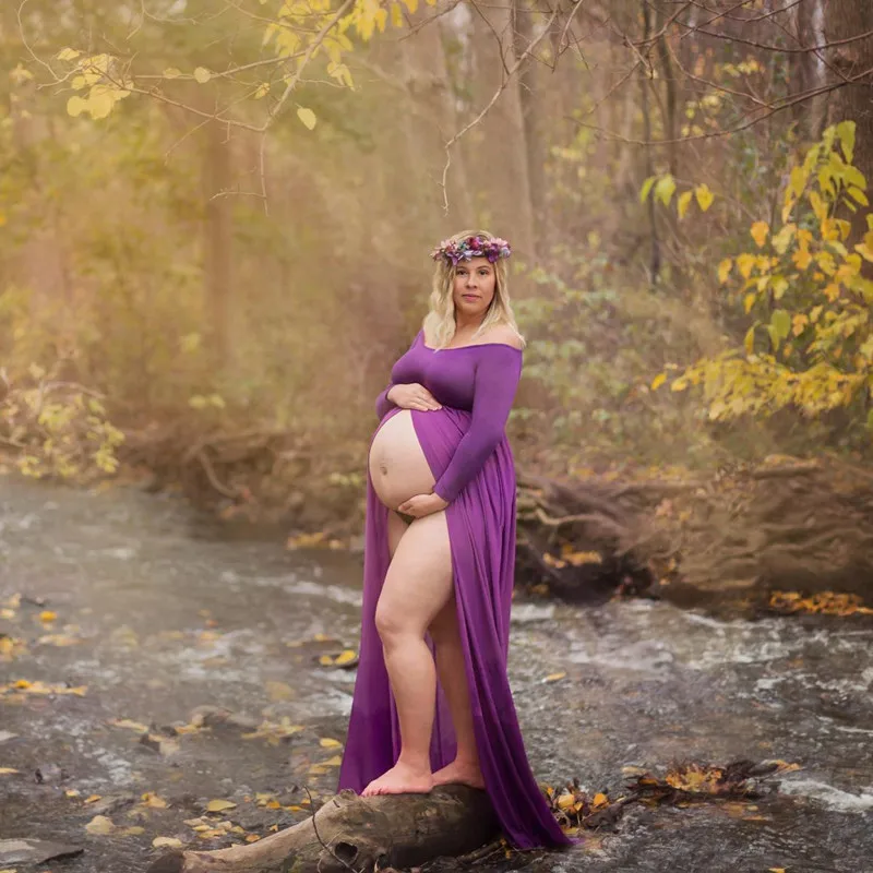 Материнства Платье для Фотосессии Макси СПЛИТ ПЕРЕДНЯЯ Шифон Сексуальная