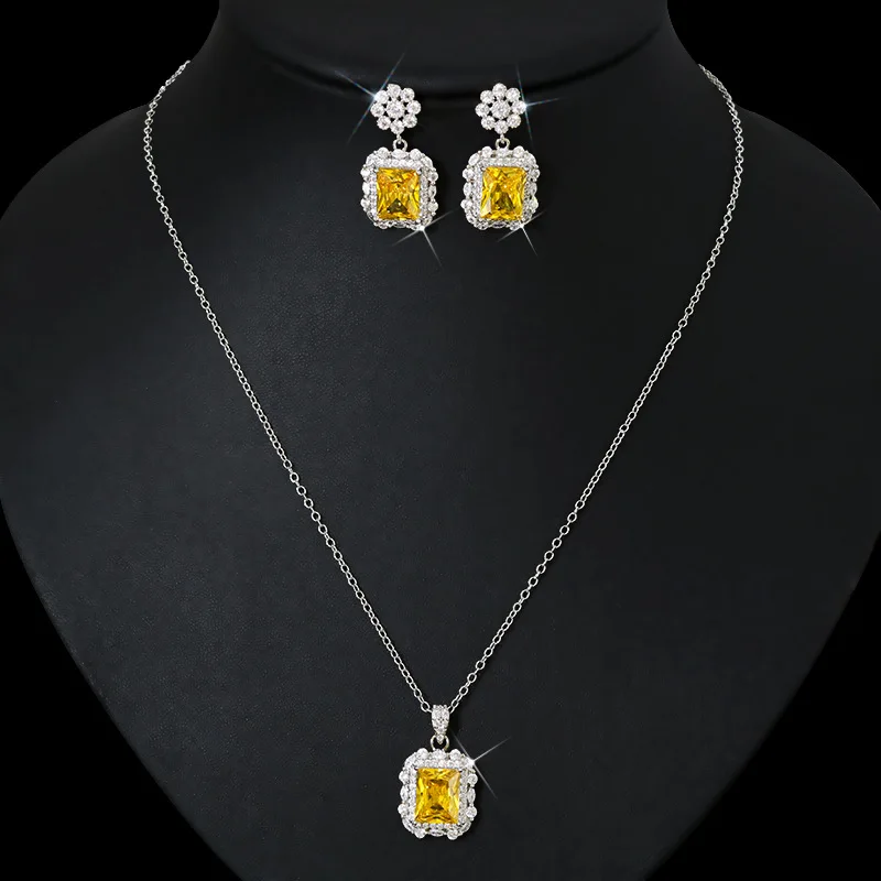 

HIBRIDE Shiny Yellow Cubic Zirconia Stone Flower Tennis Necklace and Earrings Set for Women Party Dress Jewelry Accessory N-904