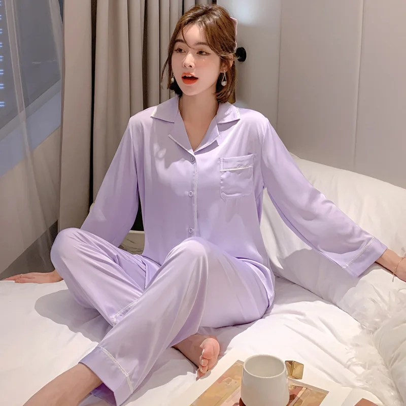

Women 2PCS Shirt&Pants Casual Sleepwear Satin Faux Silk Pajamas Set Solid Two Piece PJS Suit Nightwear Lounge Wear Lingerie