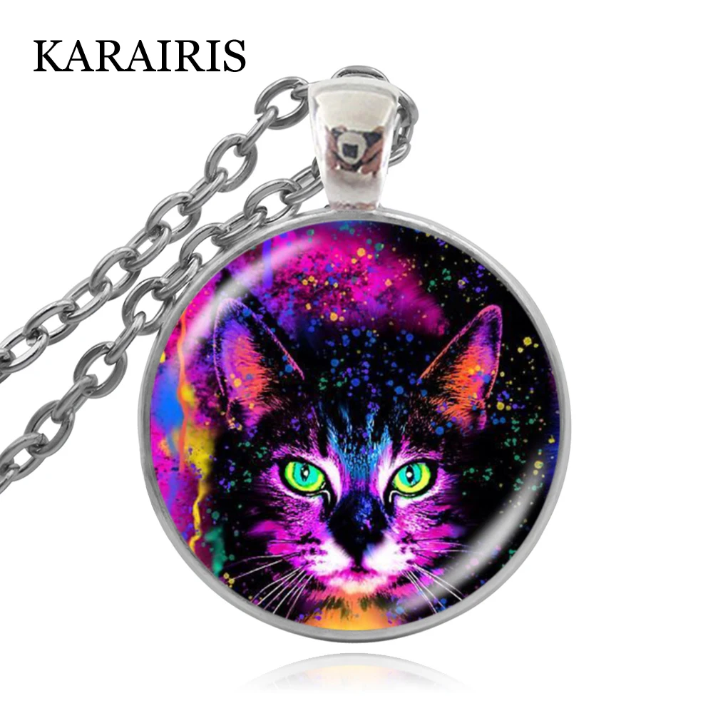 

KARAIRIS Cute Rainbow Painted Tabby Cat Necklace Classic Glass Cabochon Necklace&Pendants Fashion Jewelry for Women Girls