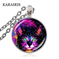 karairis cute rainbow painted tabby cat necklace classic glass cabochon necklacependants fashion jewelry for women girls