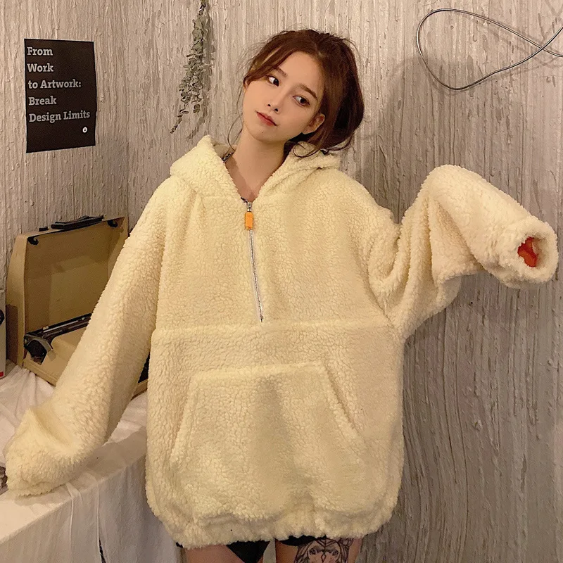 

Hoodies Womens with Hat Khaki Cute Warm Thicker Soft Western Style Kangaroo Pocket Lamb-wool BF Loose Sweatshirts Kawaii Casual