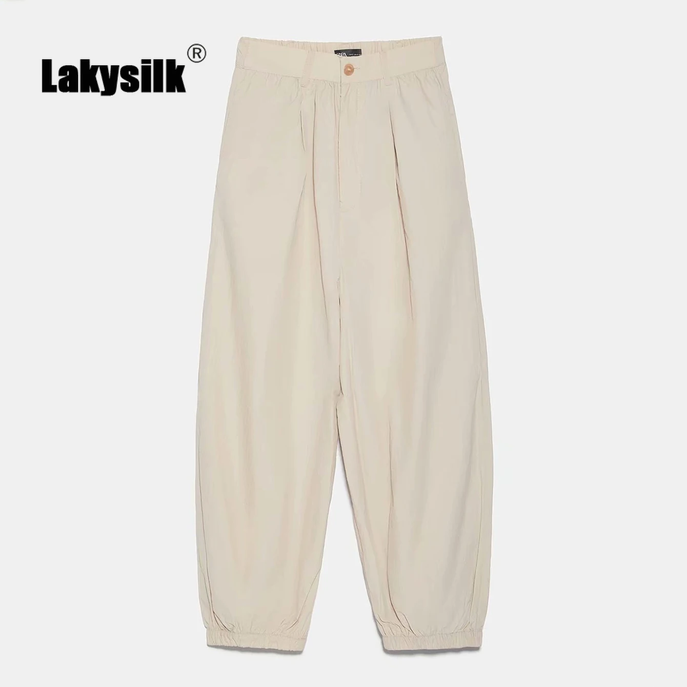 Женские повседневные штаны с высокой талией бежевые удобные свободные