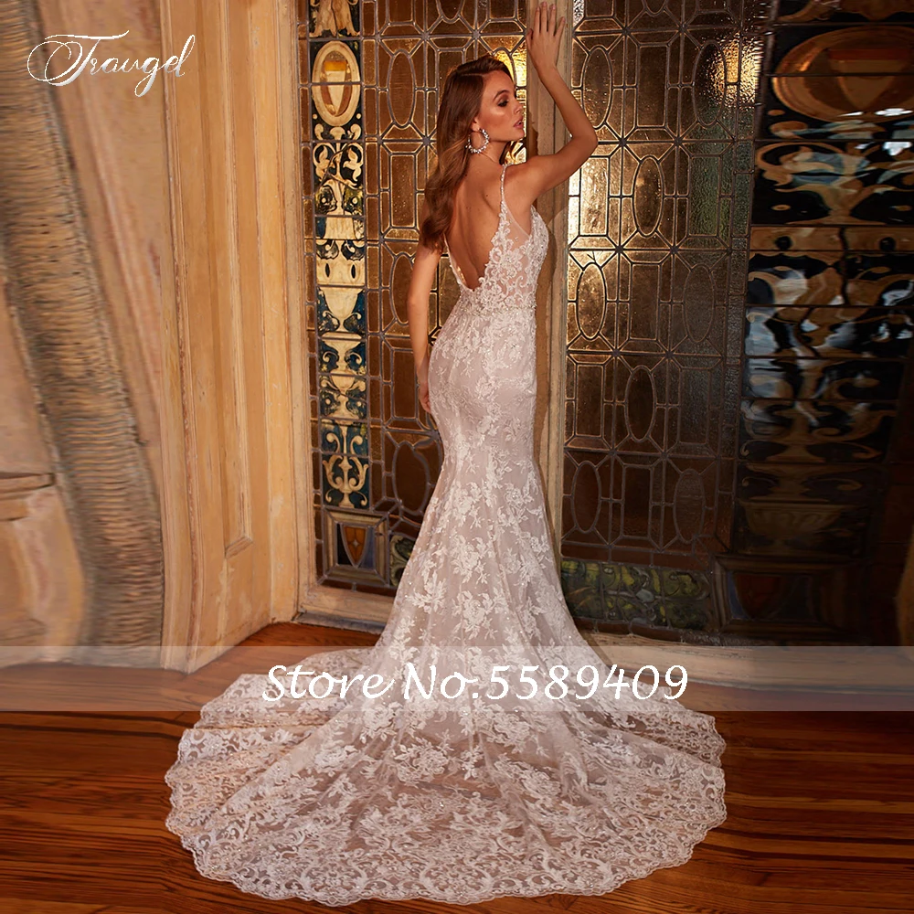 

Traugel Sexy Backless 2 IN 1 Lace Mermaid Wedding Dresses Elegant Appliques Spaghetti Strap Detachable Train A Line Bridal Gown