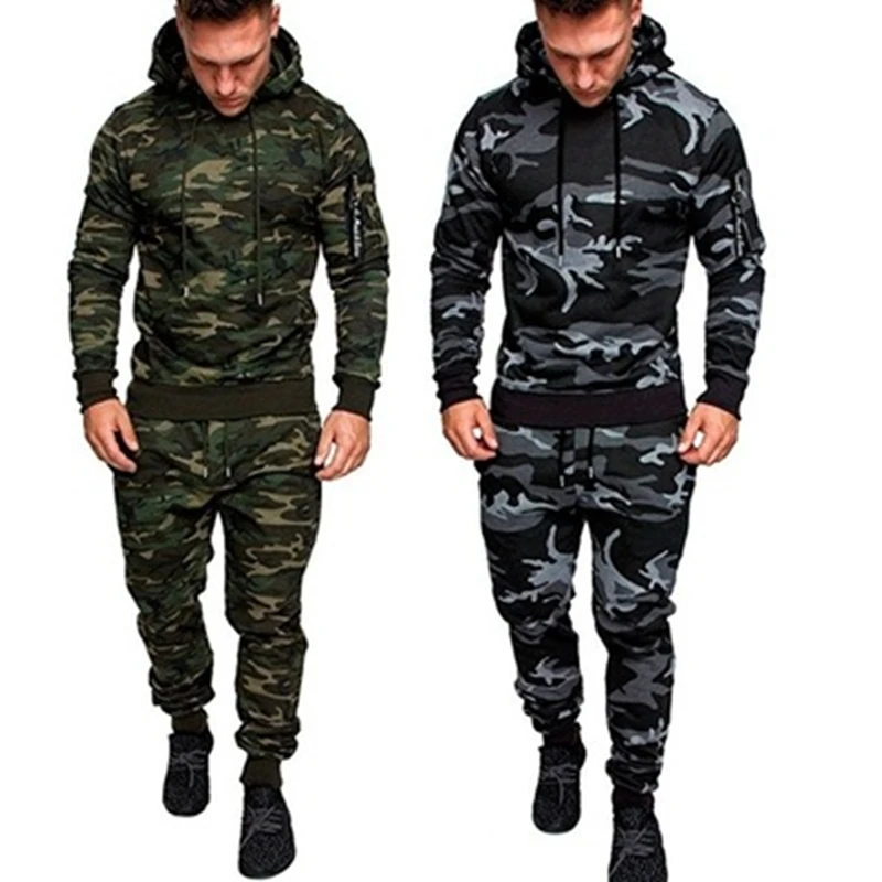 

2021 new men's sets autumn and winter outdoor running sports and leisure camouflage hooded sublimation camouflage suit