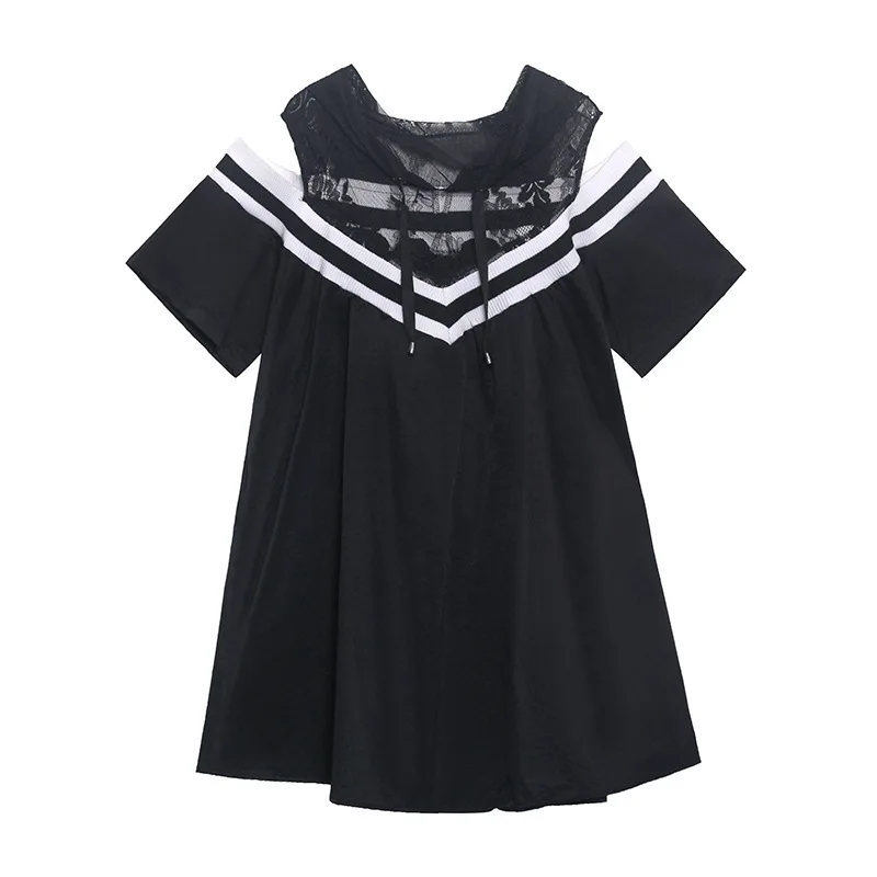 

Johnature Summer Off-shoulder Patchwork Lace Knee-length Dress 2021 New Fashion Loose Hooded Collar Women Dresses