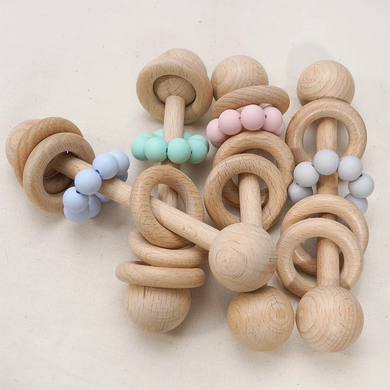 BPA Free Easy To Rinse Retro Color Molar Cute-Shaped Soothers Hang Teething Ring Sensory Toys Hand-Cranked Chewing Wooden Ring