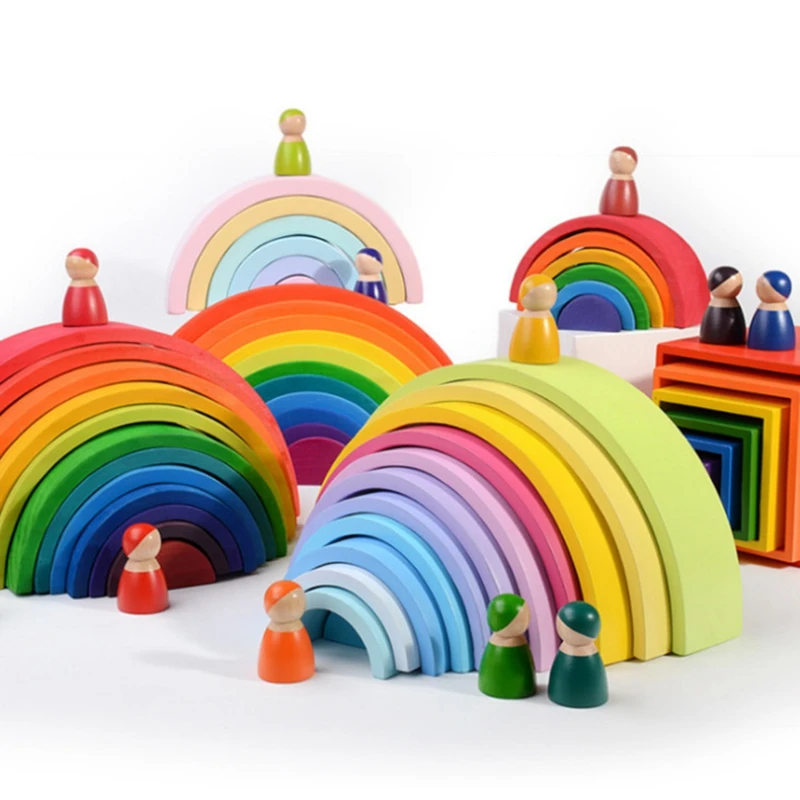 

12 Pcs Baby Toys Wooden Rainbow Man Toys For Kids Creative Rainbow Building Blocks Early Educational Toy Children Gift