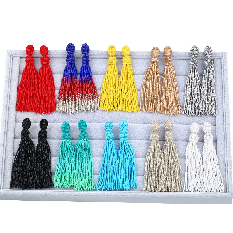 Женские серьги-гвоздики в богемном стиле с кисточками и бусинами вечерние