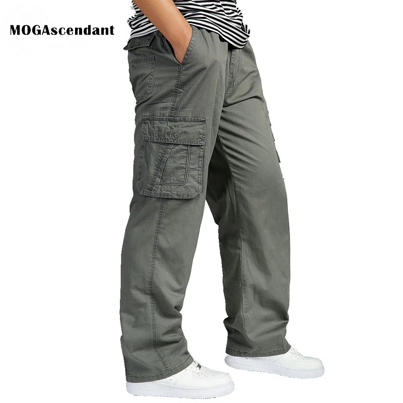 

Мужские повседневные хлопковые комбинезоны, широкие брюки-карго с эластичной талией и множеством карманов, свободные брюки XL