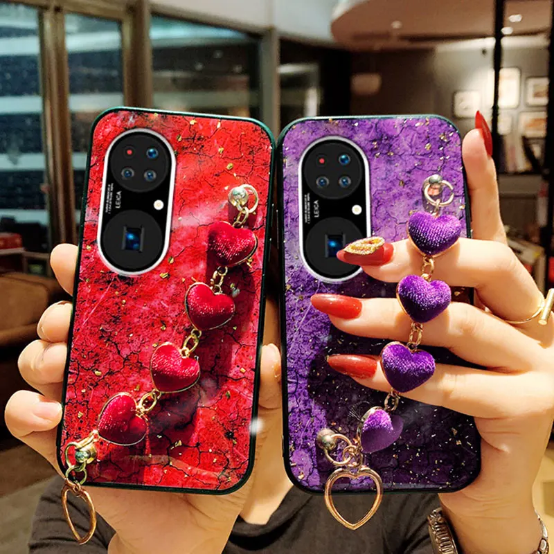 Marble Heart Bracelet Case For Huawei Y9 Prime 2019 Y9s Y7P Y7A Y6P Y5P P50 P40 P30 Pro P20 Lite Plush Wrist Strap Silicon Cover