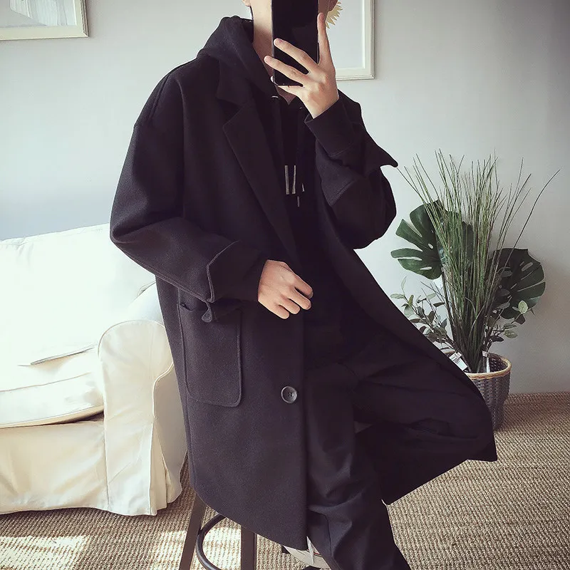

Korean New Oversize Long Coat For Men Wool Blends Casaco Masculino Winter Warm Mens Overcoat Lapel Collar Single Breasted Trench