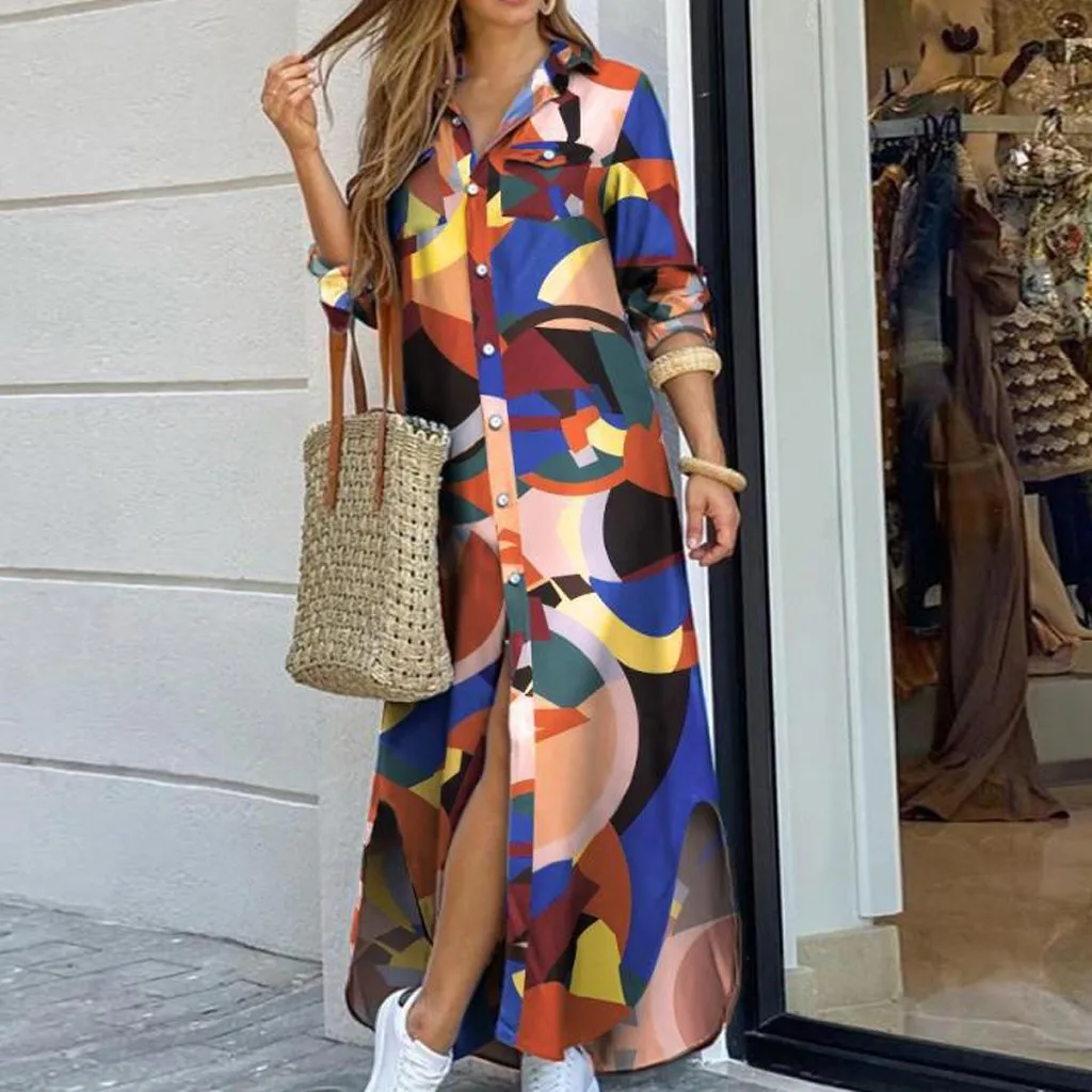 Fashion Women's Long Sleeve Loose Casual Dress with Pocket Button Shirt Print - Sexy and Stylish Vestido Largo image 2