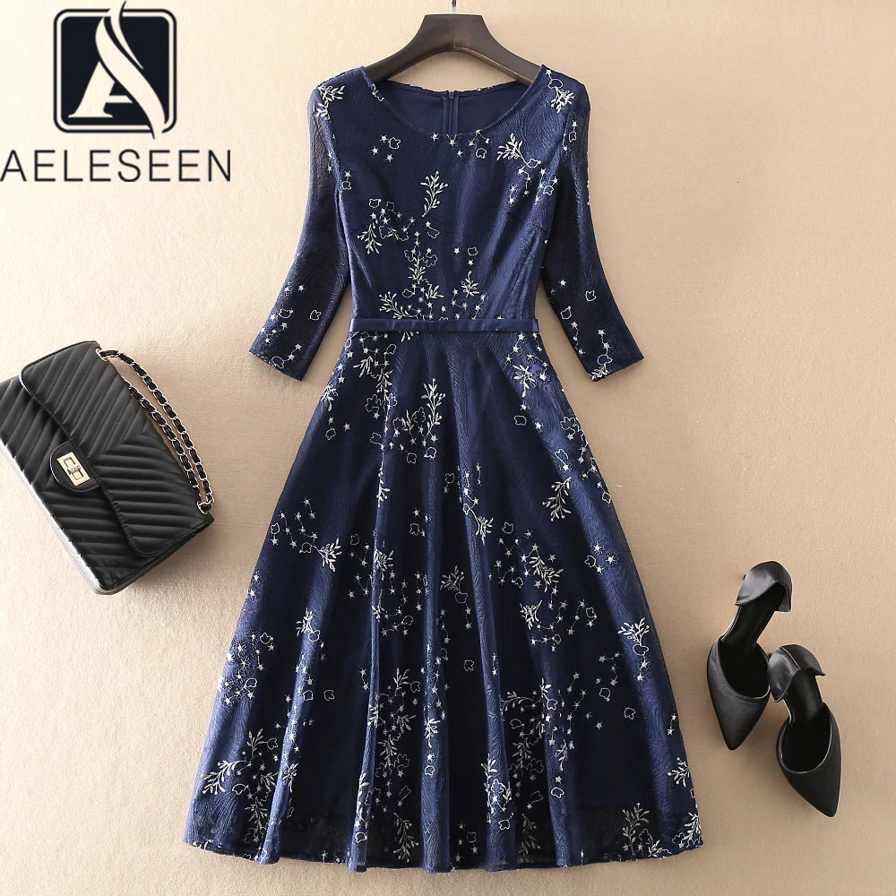 

AELESEEN модель последних модных показов; Платье с вышивкой для женщин 2021 весенне-осенняя одежда с цветочным узором и синий элегантные вечерние...