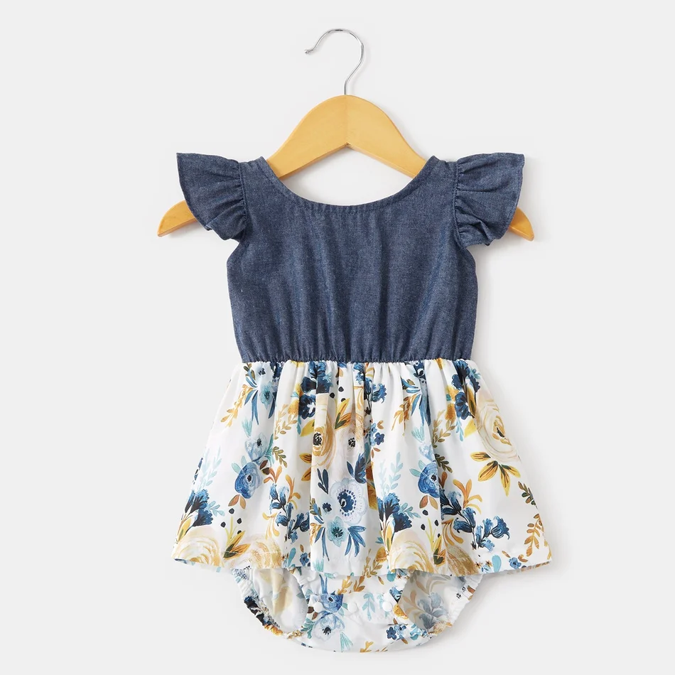 

PatPat 2021 New Summer Denim Sling Floral Splice Print Rompers for Mom and Me for Sleeveless Romper Clothes