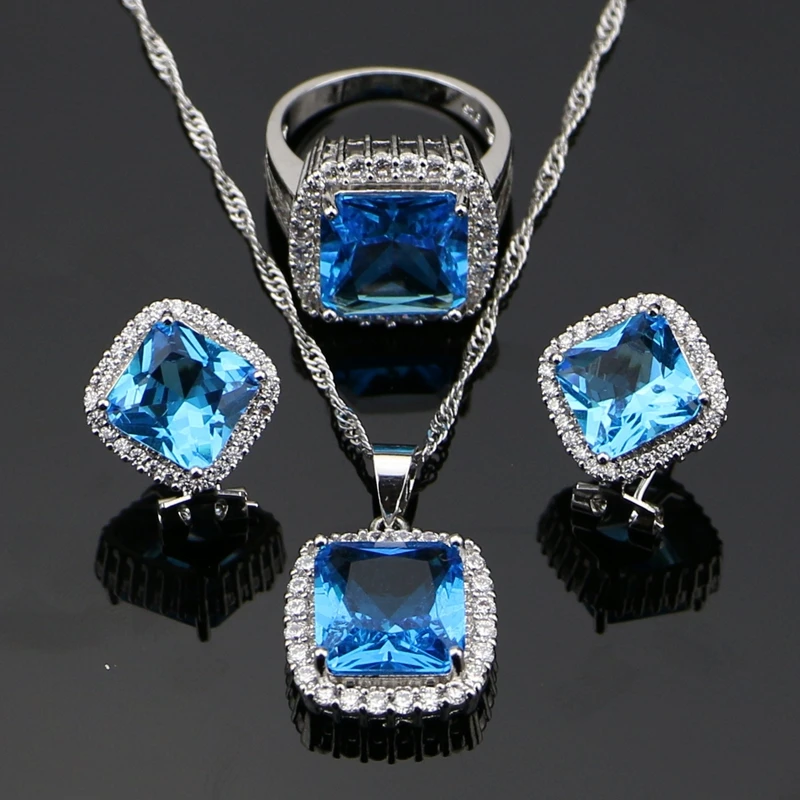 

925 Sterling Silver Jewelry Blue Cubic Zirconia White CZ Jewelry Sets For Women Wedding Earrings/Pendant/Necklace/Rings