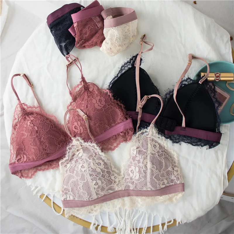

New French underwear Set Lace Sexy Push-up Bra And Panty Sets Comfortable Brassiere Wire Free Embroidery Flowers Lingerie