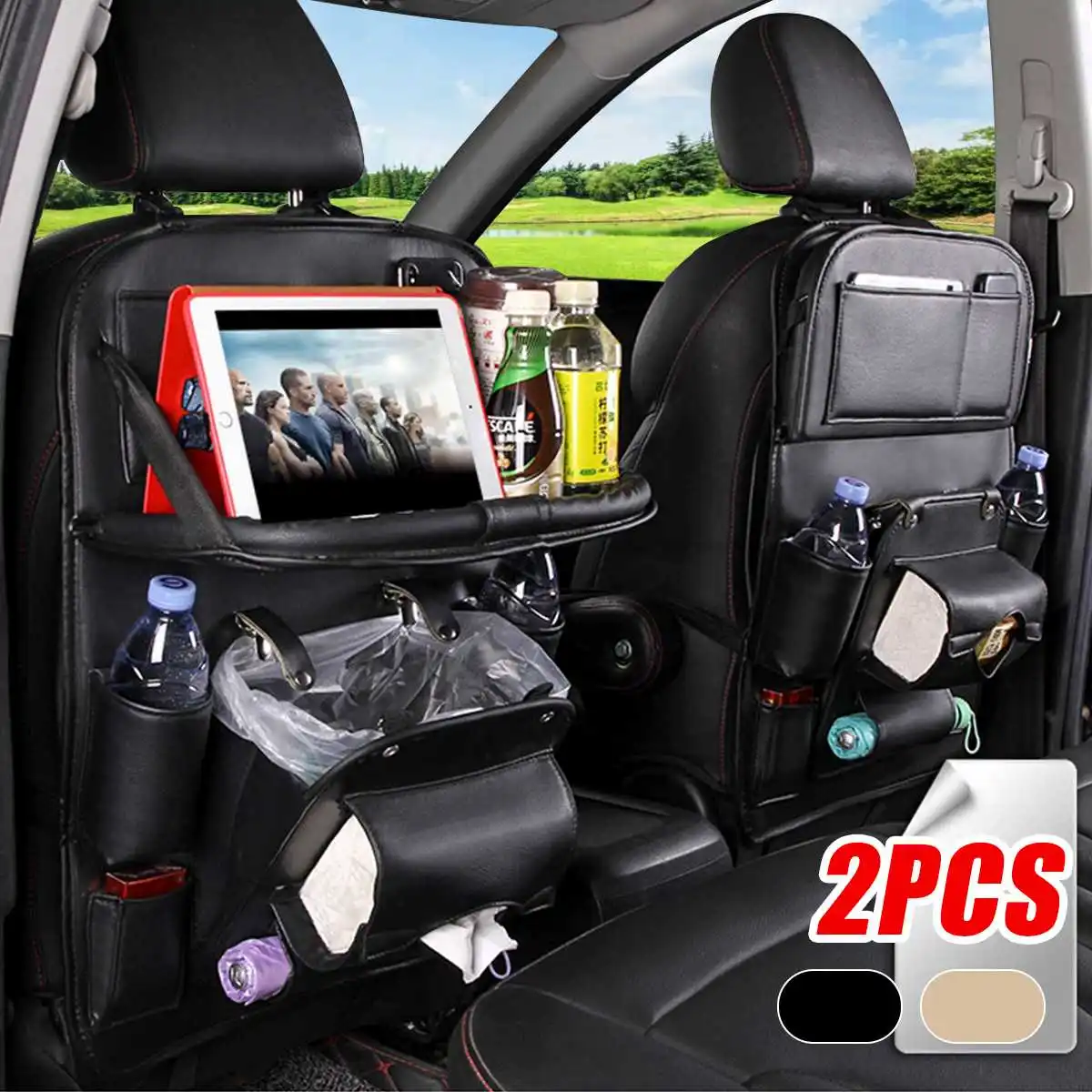 

Car Organizer Universal PU Leather Seat Back Storage Bag Auto Backseat Organizers Multifunction Stowing Food Table Tray Tidying