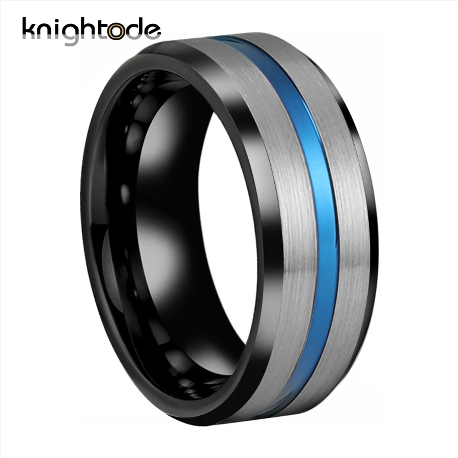 

2 Color Black Tungsten Carbide Ring for Men Women Wedding Rings Beveled Edges Blue Grooved Center Brushed Finish