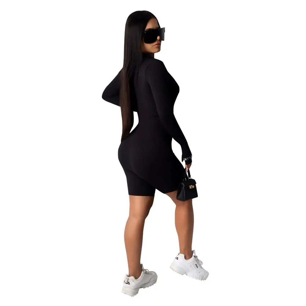 Женский трикотажный комбинезон в рубчик с длинным рукавом на молнии|Комбинезоны