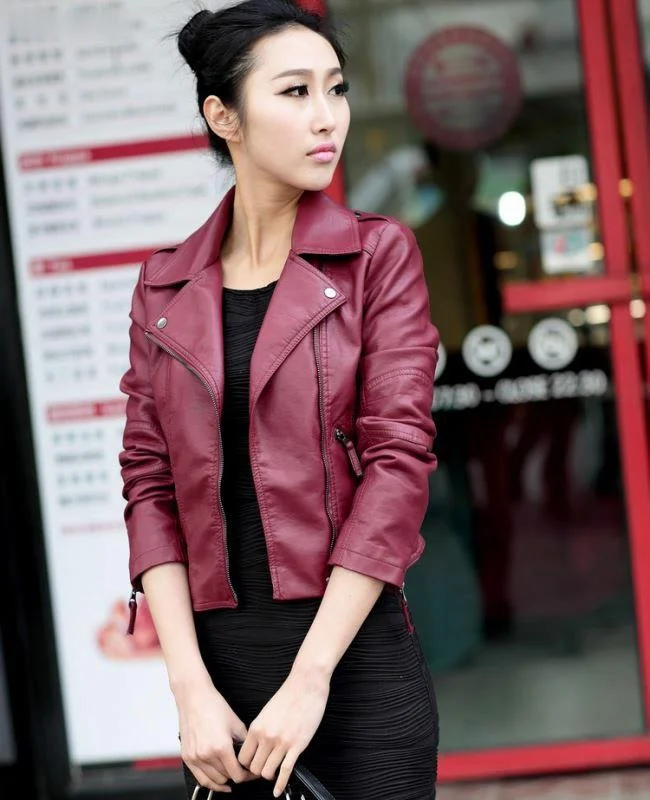 

New Spring Motorcycle Leather Jacket Slim Casual Coat Women Leather Jacket Red Black PU Plus Size Jackets